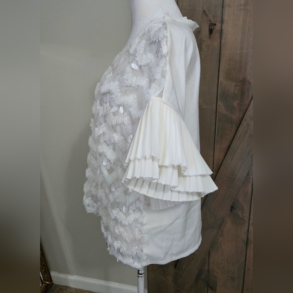 WHY DRESS Elegant SequinTextured Blouse w/Pleated Accordian Sleeves White. M NWT - Picture 11 of 15